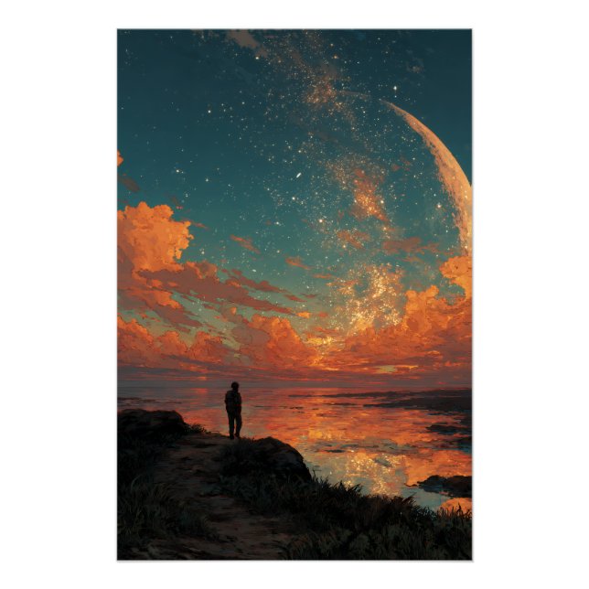 Wanderer Under Giant Crescent Moon Poster (Vorderseite)