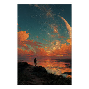 Wanderer unter riesigem Halbmond Poster