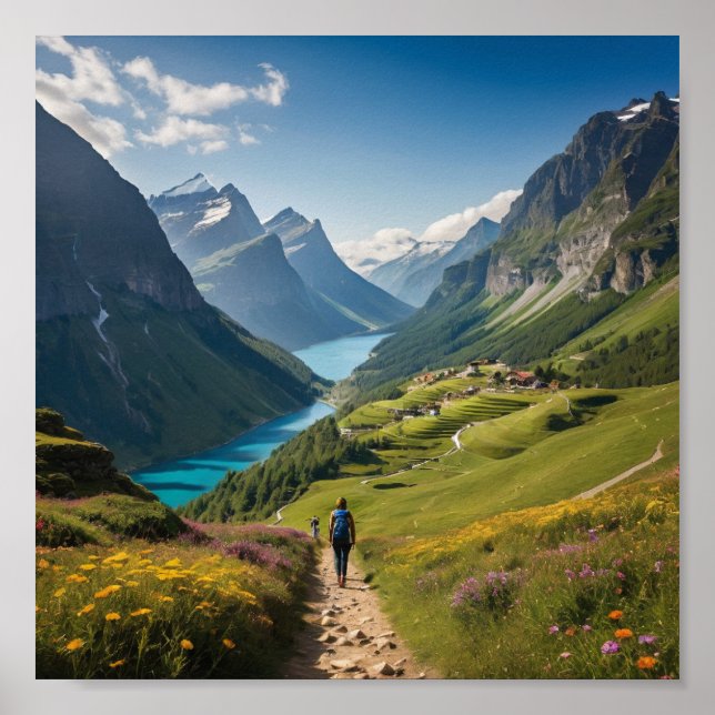 Wanderer Weg in die Ruhe - Landschaftlicher Bergau Poster (Vorne)