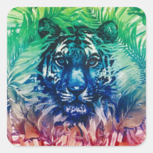 WanderJungle Wild Tiger Foliage Tropical Blätter Quadratischer Aufkleber