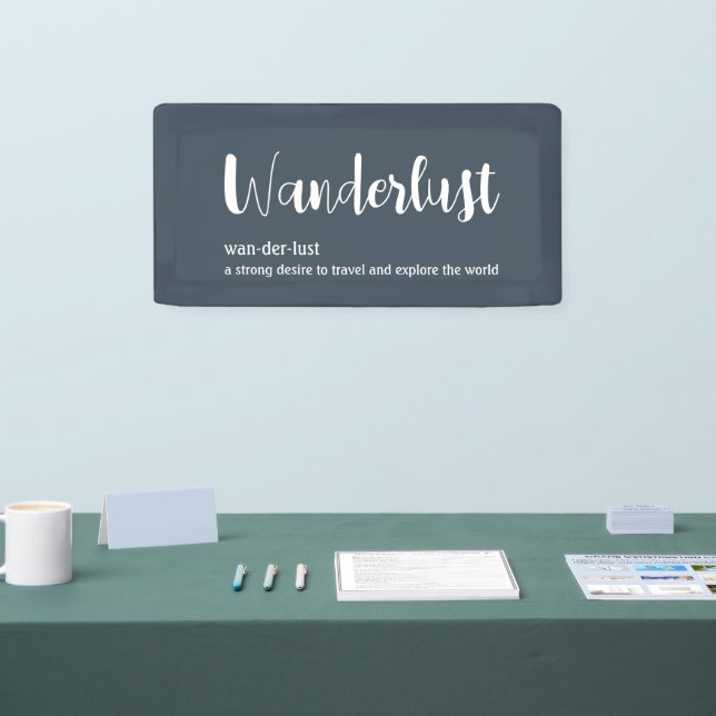 Wanderlust-Definition weiß, grau Banner (Messe)