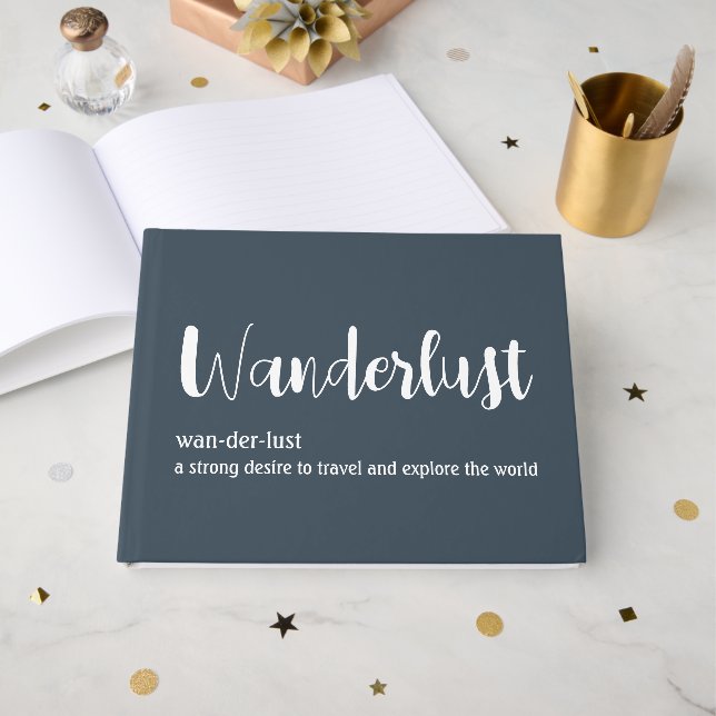 Wanderlust-Definition weiß, grau Gästebuch (Vorderseite Offen)