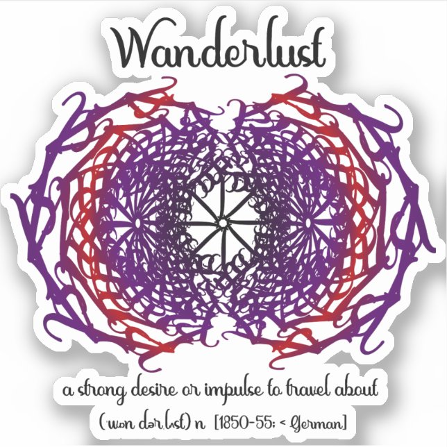 Wanderlust Grafik Text Art Mandala + Word Bedeutun Aufkleber (Vorderseite)