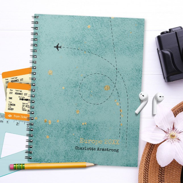 Wanderlust Name Flugzeug Green Blue Gold Travel Notizblock (Wanderlust Name Airplane Green Blue Gold Travel Notebook ©Susanne Sachers - Sunny Wanderlust 🌞✈️)