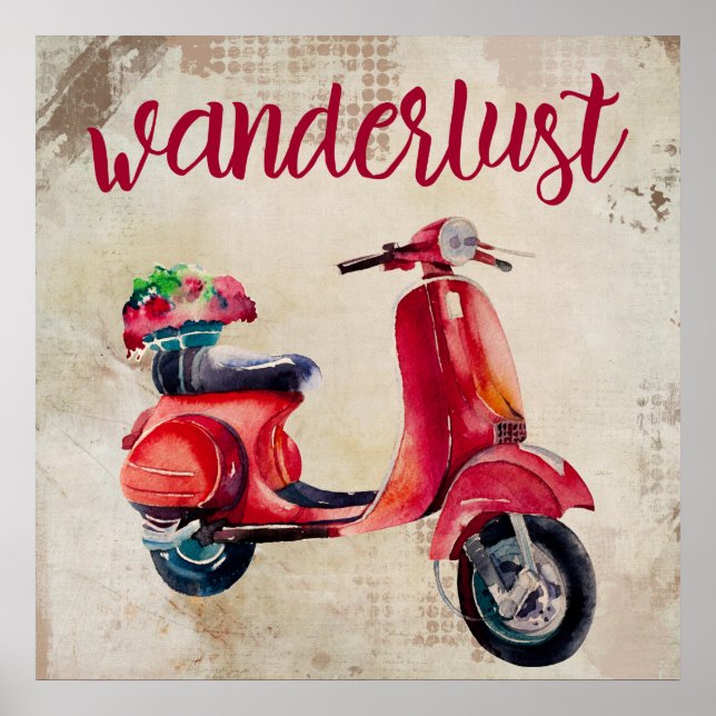Wanderlust - Red Watercolor Moped Poster (Vorne)