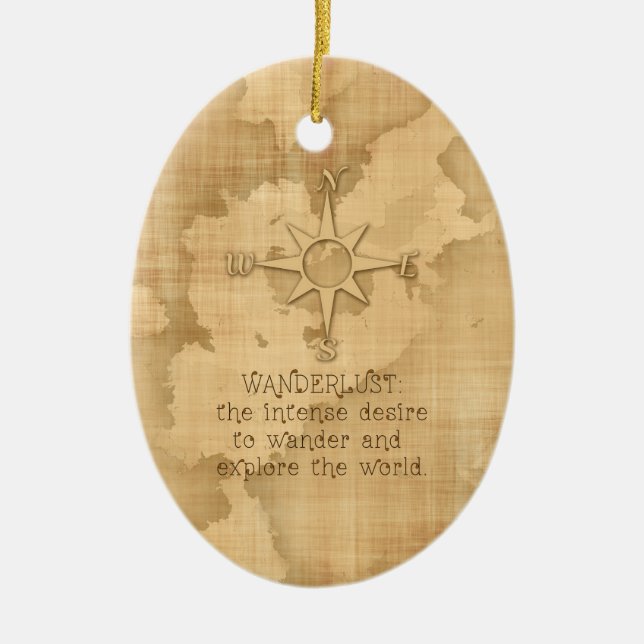 "Wanderlust…" Reisendes Zitat auf Vintagem Papier Keramikornament (Vorne)