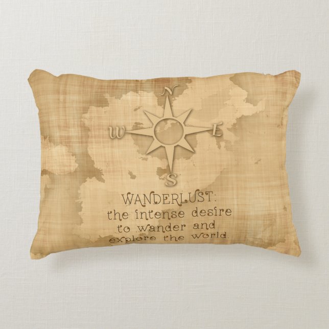 Wanderlust…" Reisendes Zitat auf Vintagem Papier Zierkissen (Vorderseite)