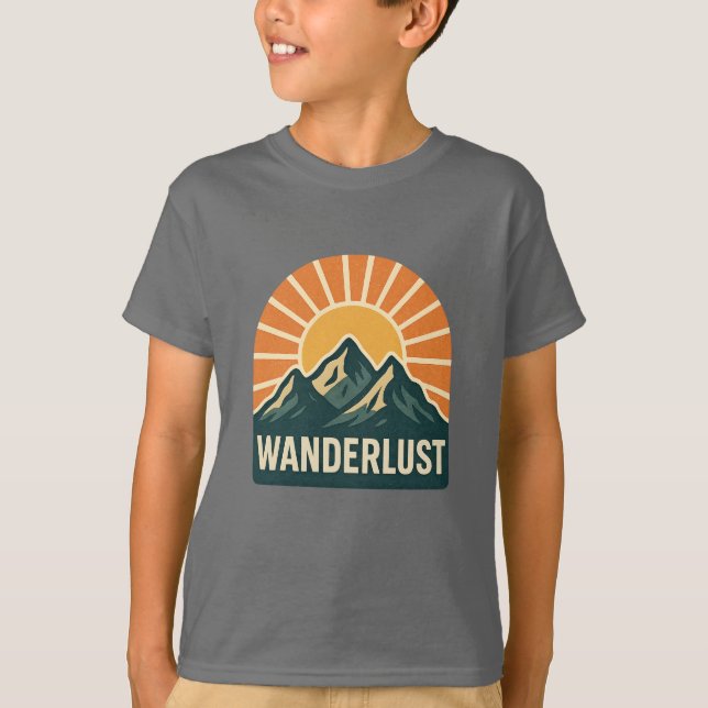 Wanderlust Retro Blue Mountain Sunrise Kids Nature T-Shirt (Vorderseite)