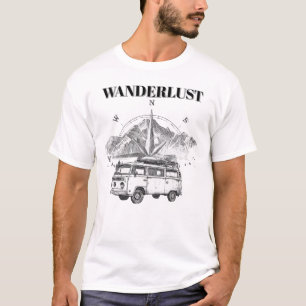 Wanderlust Retro Camper Van & Bergkompass-Ske T-Shirt