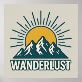 Wanderlust Retro Teal Mountain Sunrise Hiking Art Poster