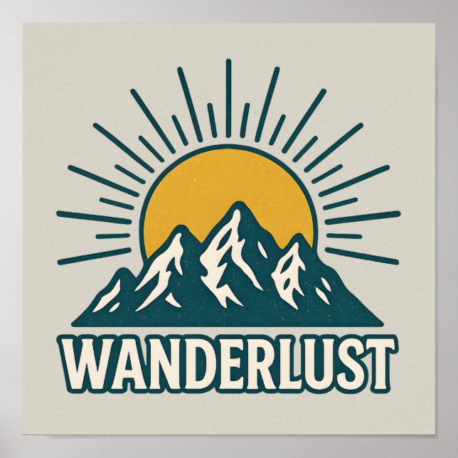 Wanderlust Retro Teal Mountain Sunrise Hiking Art Poster (Vorne)