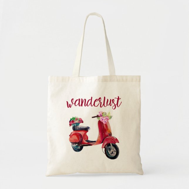 Wanderlust - Rote Wasserfarbe Moped mit Blume Tragetasche (Vorne)