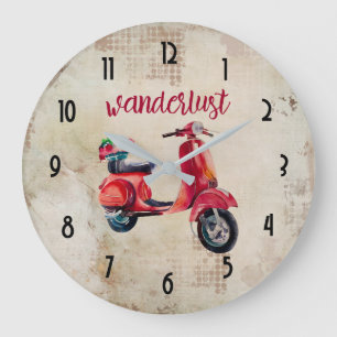 Wanderlust - Rotes Wasserfarben-Moped Große Wanduhr