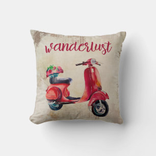 Wanderlust - Rotes Wasserfarben-Motorroller   Vint Kissen