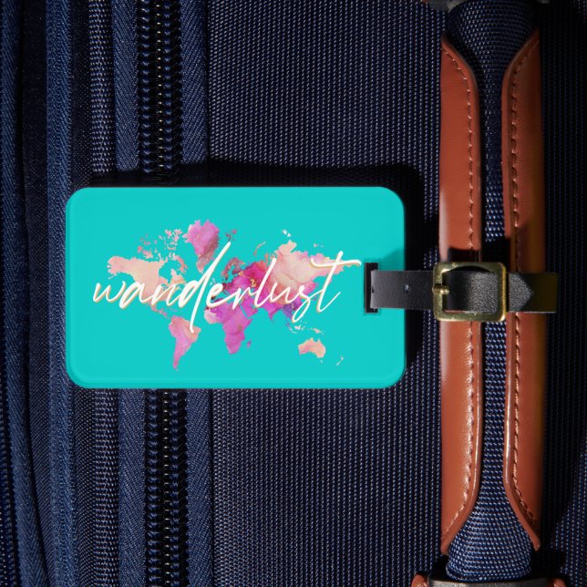 Wanderlust Watercolor World Map Travel Pink Gold Gepäckanhänger (Vorderseite Insitu 4)