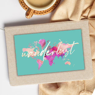 Wanderlust Watercolor World Map Travel Pink Gold Rechteckiger Aufkleber