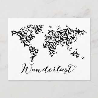 Wanderlust, Weltkarte mit fliegenden Vögeln Postkarte