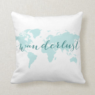 Wanderlust, Wunsch zu reisen, aquamarine Weltkarte Kissen