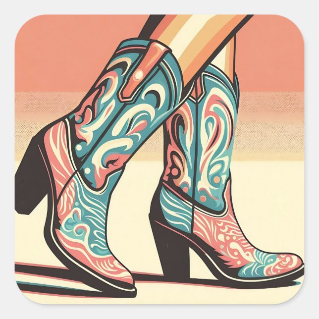 Wandern Cowgirl Pink und Blue Boots Pop Art Quadratischer Aufkleber (Vorderseite)