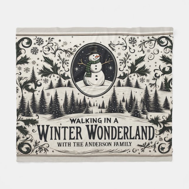 Wandern im Winter Wonderland Snowman Fleecedecke (Vorderseite (Horizontal))