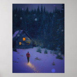 Wandern zu einer Hütte im Winterwald Poster