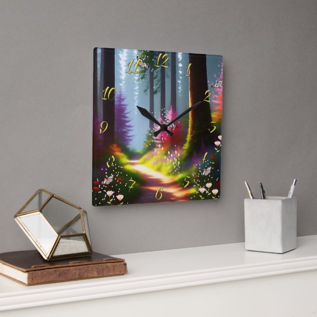 Wandleuchte mit A1-Wald- und Blume-Design Quadratische Wanduhr (Büro)