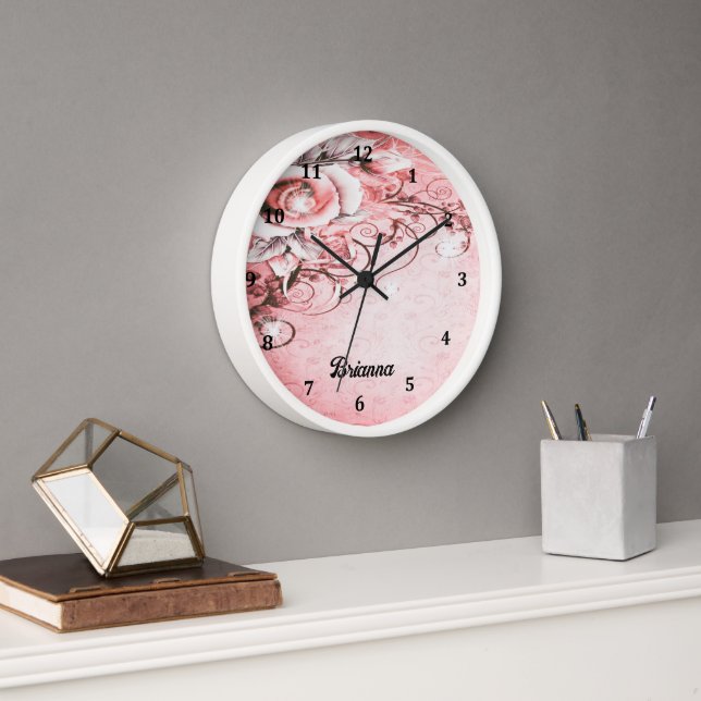 Wandleuchte mit rosa Rose und Wirbel-Design Uhr (Büro)