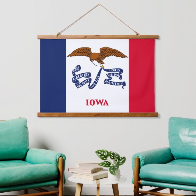 Wandtapeten mit der Flagge von Iowa, USA. Wandteppich Mit Holzrahmen (Wohnzimmer)