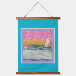 Wandteppich - Drei Segelboote Rosa Himmel Mit Holzrahmen