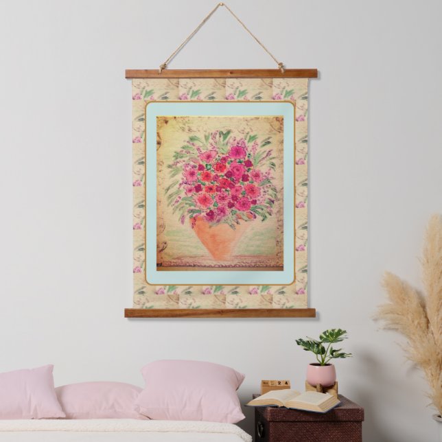 Wandteppich - Vasen mit Mixed-Media-Blumen Holzrahmen (Schlafzimmer)