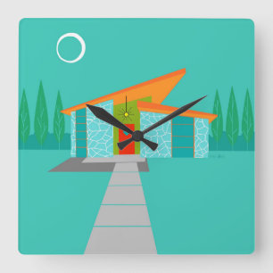 Wanduhr aus Acryl im Quadrat mit Cartoon-Haus im S
