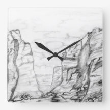 Wanduhr mit in Schwarzweiß skizzierter Schlucht