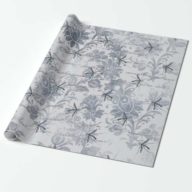 Wanze und blaues Grau mit Blumen Geschenkpapier (Ungerollt)