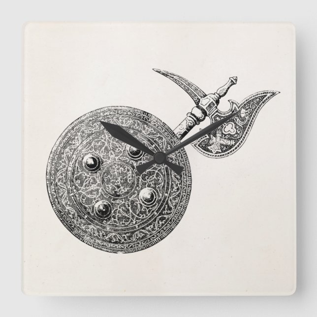Wappen Axt-Schild-Rüstungs-mittelalterliche Waffe Quadratische Wanduhr (Vorderseite)