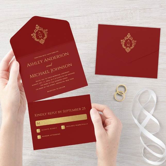 Wappen Burgundy Imitats Gold Elegante Wedding Mono All In One Einladung (Von Creator hochgeladen)