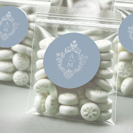 Wappen Dusty Blue Monogram Vintage Imitate Silver Runder Aufkleber