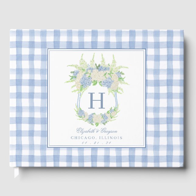Wappen Gingham: Aquarell Blau und Weiße Hydrangea Gästebuch (Vorderseite)