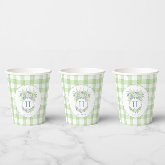 Wappen Gingham: Aquarell Blau und Weiße Hydrangea Pappbecher (Multi)