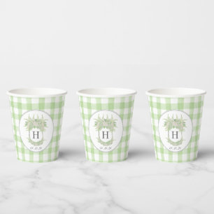 Wappen Gingham Watercolor Green and White Hydrange Pappbecher