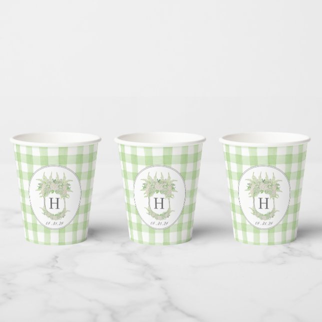 Wappen Gingham Watercolor Green and White Hydrange Pappbecher (Multi)