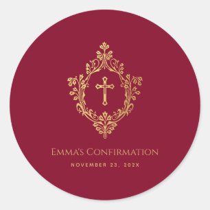 Wappen Girl Confirmation Burgundy Imitats Gold Vin Runder Aufkleber