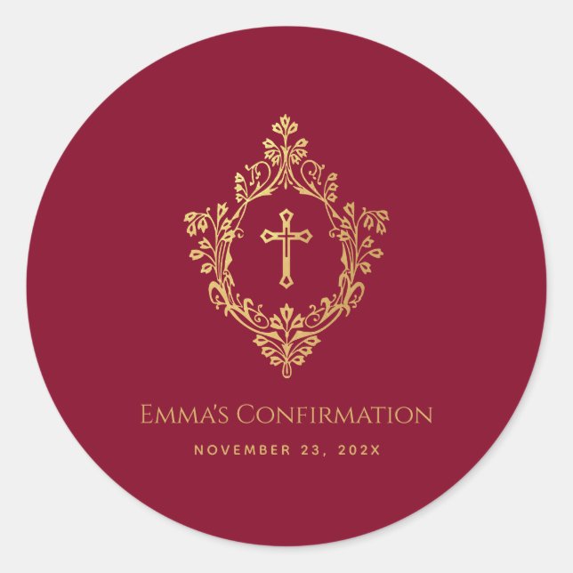 Wappen Girl Confirmation Burgundy Imitats Gold Vin Runder Aufkleber (Vorderseite)