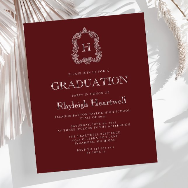 Wappen Graduation Party Budget Burgundy Monogram (Von Creator hochgeladen)