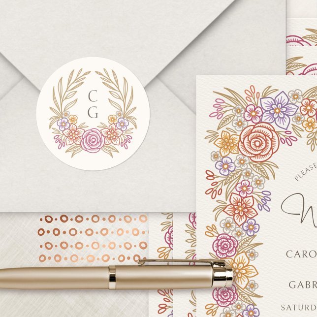 Wappen-Hochzeit mit Blumenkreide Runder Aufkleber (Von Creator hochgeladen)