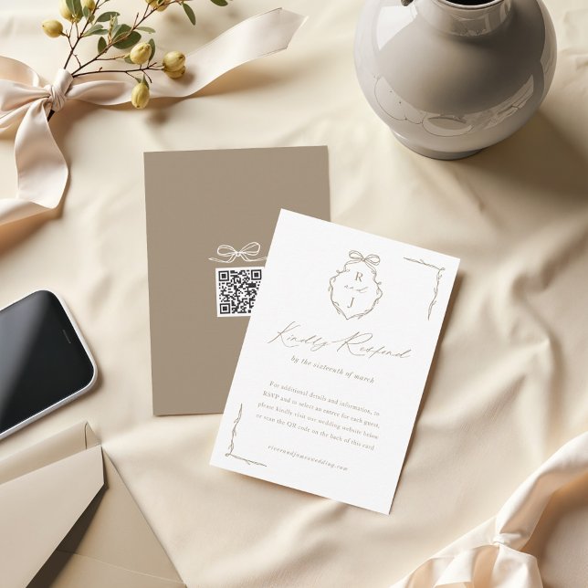 Wappen-Hochzeit mit handgezeichnetem Bow und Ribbo RSVP Karte (Hand Drawn Bow & Ribbon Monogram Crest Wedding RSVP Card)