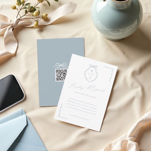 Wappen-Hochzeit mit handgezeichnetem Bow und Ribbo RSVP Karte (Hand Drawn Bow & Ribbon Monogram Crest Wedding RSVP Card)