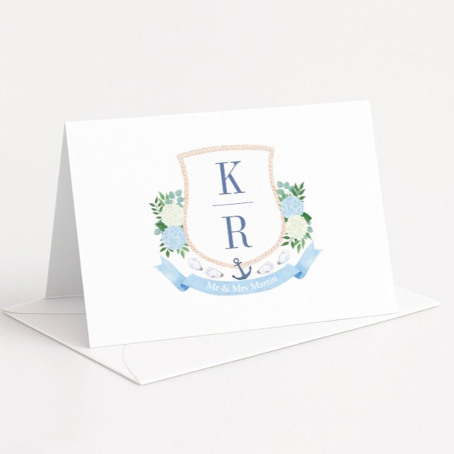 Wappen Hochzeitsfeiern Foto an der Küste Dankeskarte (Stylish coastal inspired watercolor couples monogram crest wedding thank you cards)
