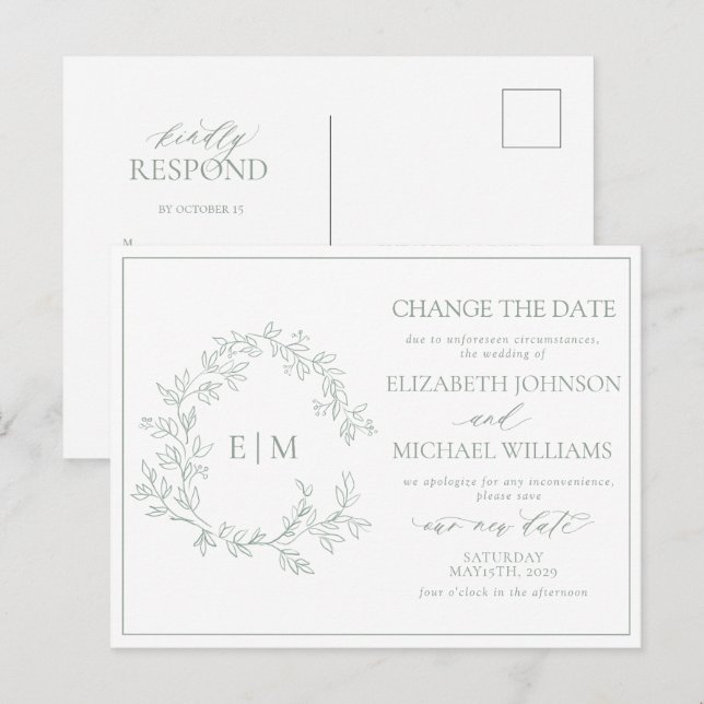 Wappen mit grüner Blattfarbe Ändern Sie das Datum Einladungspostkarte (Vorne/Hinten)