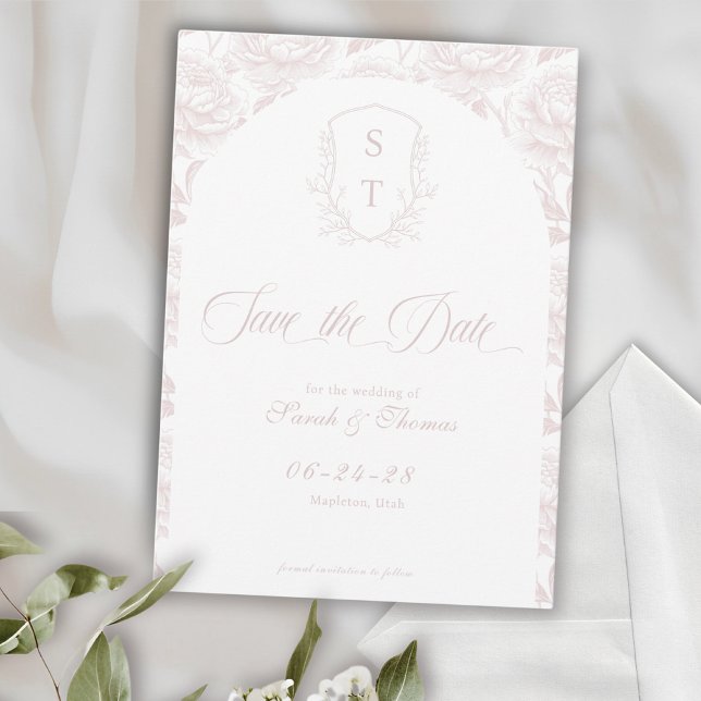 Wappen Monogram Blush Pink Script Save The Date (Crest Save The Date Formal Card blush pink. Wedding classic and timeless)