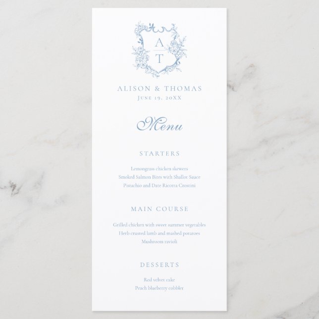 Wappen Monogram Dusty Blue Wedding Menükarte (Vorderseite)